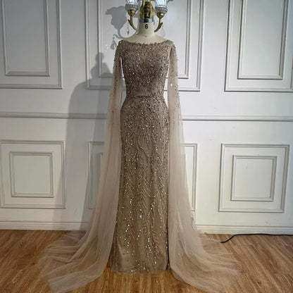Luxury Caramel Beaded Evening Dress with Cape Sleeves LA73078 - SERENE HILL