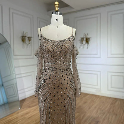 Luxury Nude Navy Blue Silver Beaded Evening Dress with Long Sleeves LA73120 - SERENE HILL