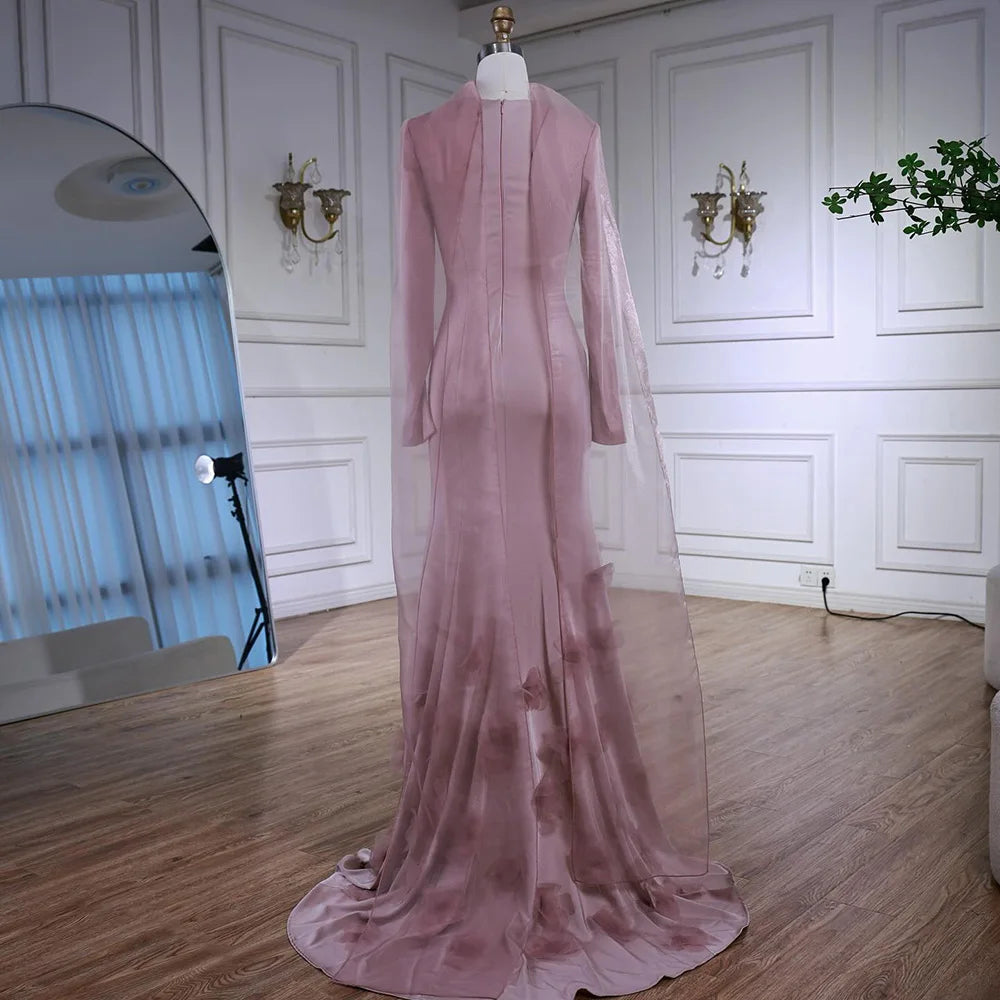 Luxury Pink 3D Flower Evening Dress Long Sleeves LA72954 - SERENE HILL