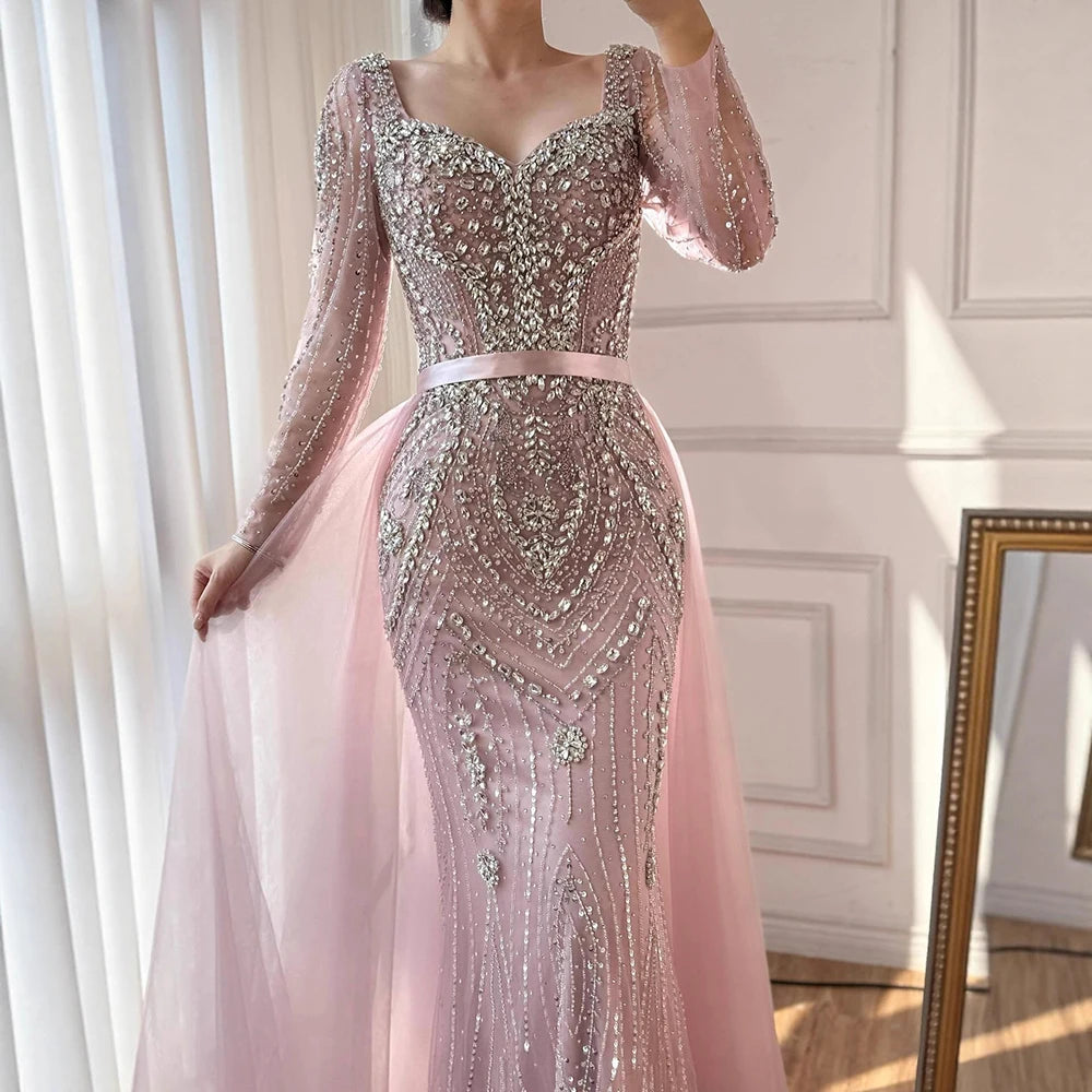 Luxury Nude Beaded Mermaid Evening Dress with Overskirt LA73190 - SERENE HILL