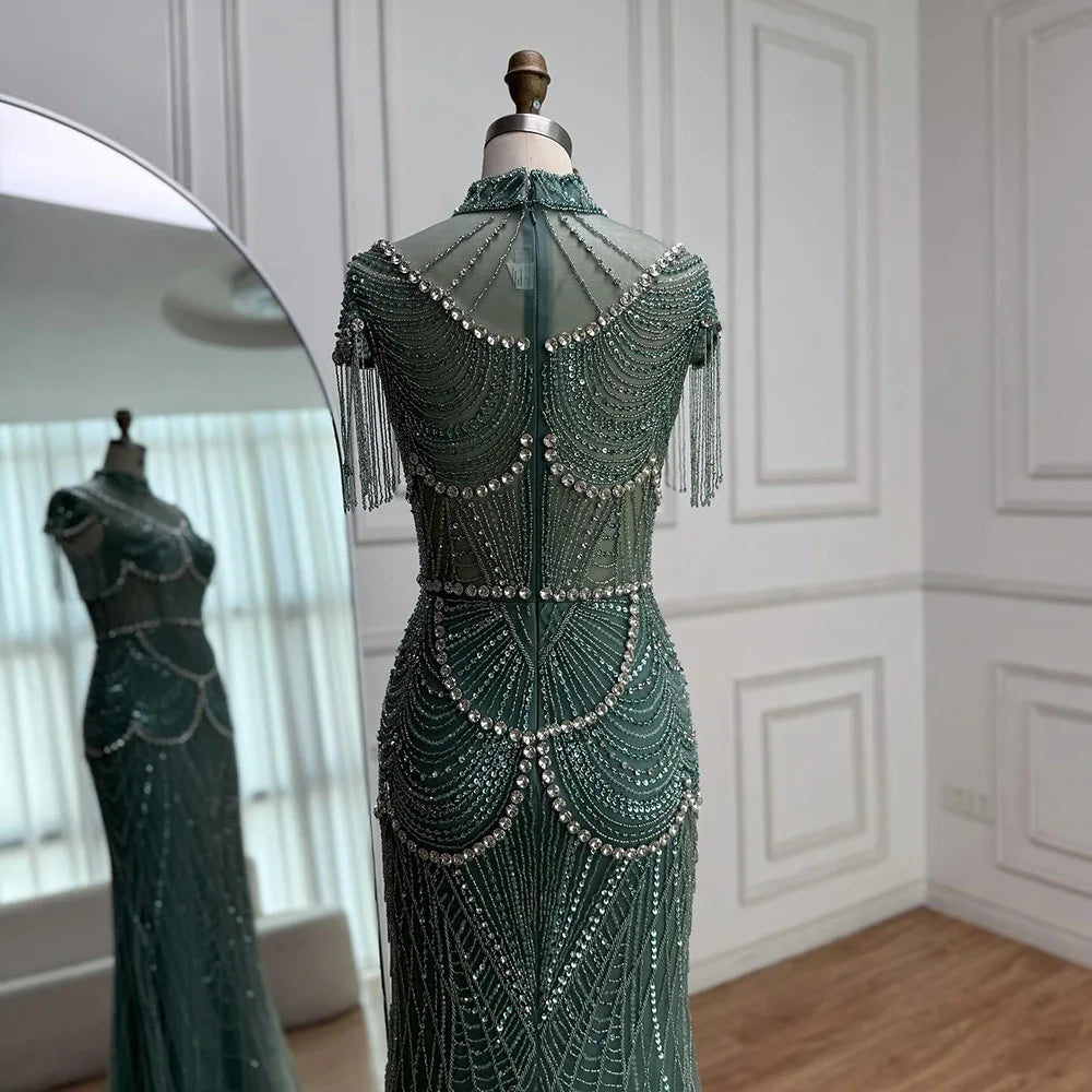Luxury Turquoise High Neck Beaded Tassel Evening Dress for Women LA73112 - SERENE HILL
