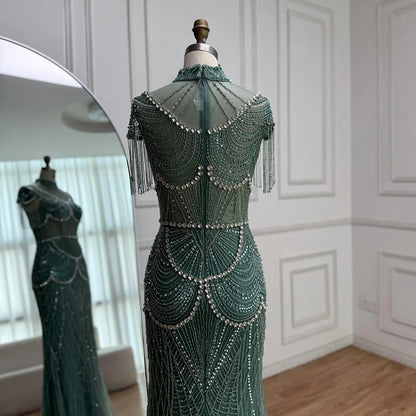 Luxury Turquoise High Neck Beaded Tassel Evening Dress for Women LA73112 - SERENE HILL
