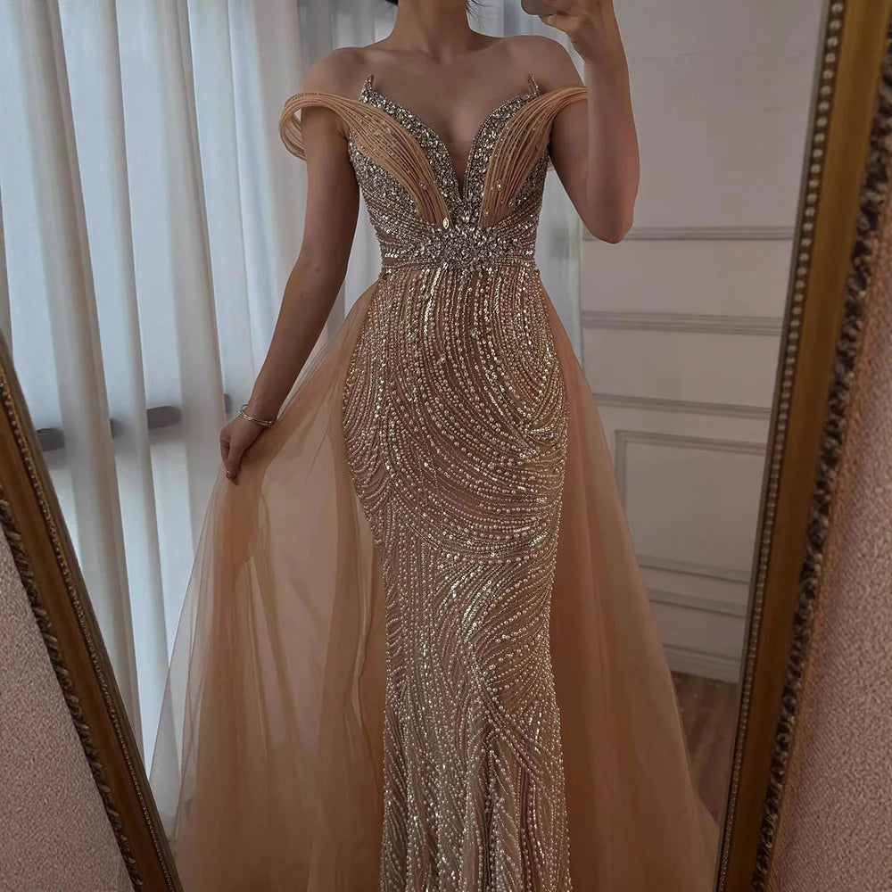 Luxury Nude Mermaid Off Shoulder Beaded Evening Dress with Overskirt LA73131 - SERENE HILL