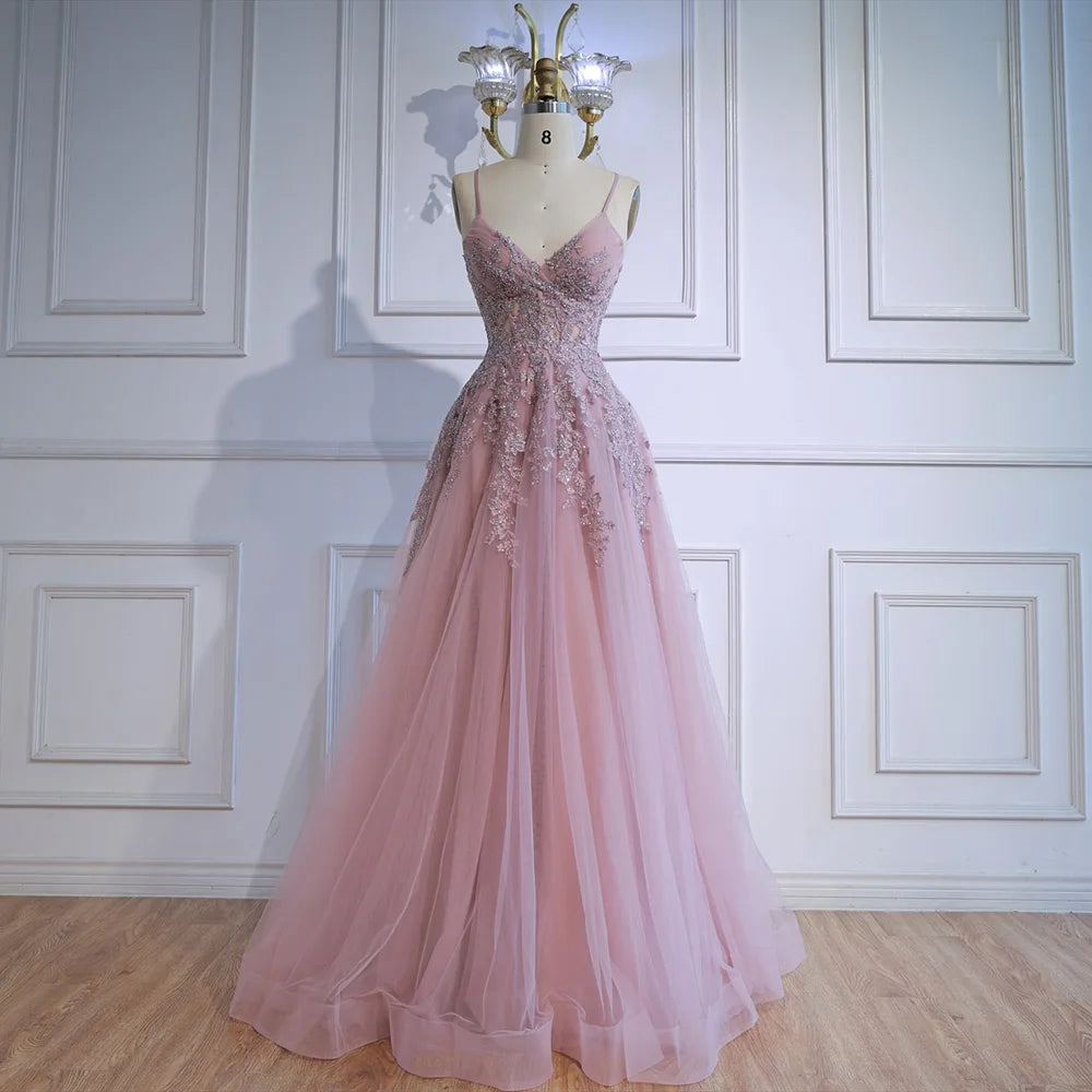 Luxury Pink Tulle A Line Prom Dress with Appliques LA73009 - SERENE HILL