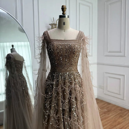 Elegant Blue Beaded Feather A-Line Evening Dress With Cape LA73043 - SERENE HILL