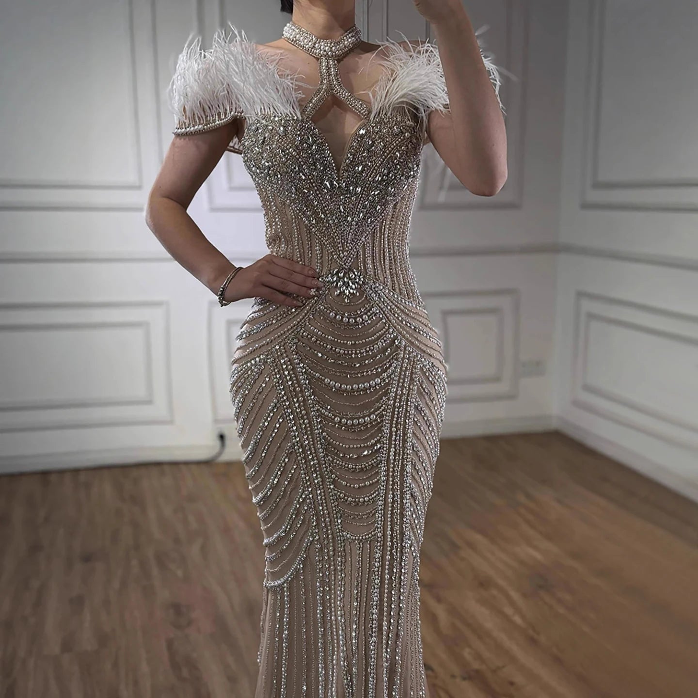 Luxury Pink Feather Halter Beaded Evening Gown for Wedding Party LA73212 - SERENE HILL
