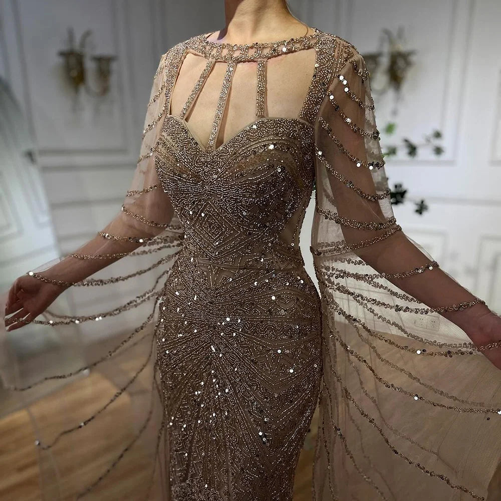Serene Hill Arabic Caramel Mermaid Evening Dress with Beaded Elegant Cape Sleeves Gown for Formal Occasion LA72708 - SERENE HILL