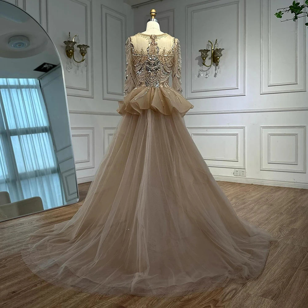 Luxury Arabic Nude Evening Dress Long Sleeve Overskirt LA72971 - SERENE HILL