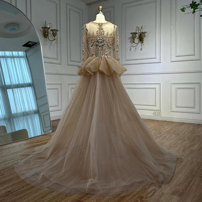 Luxury Arabic Nude Evening Dress Long Sleeve Overskirt LA72971 - SERENE HILL