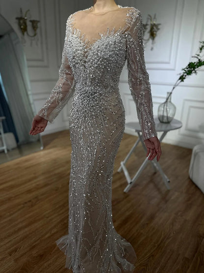 Luxury Dubai White Nude Mermaid Evening Dress With Long Sleeve LA72634 - SERENE HILL