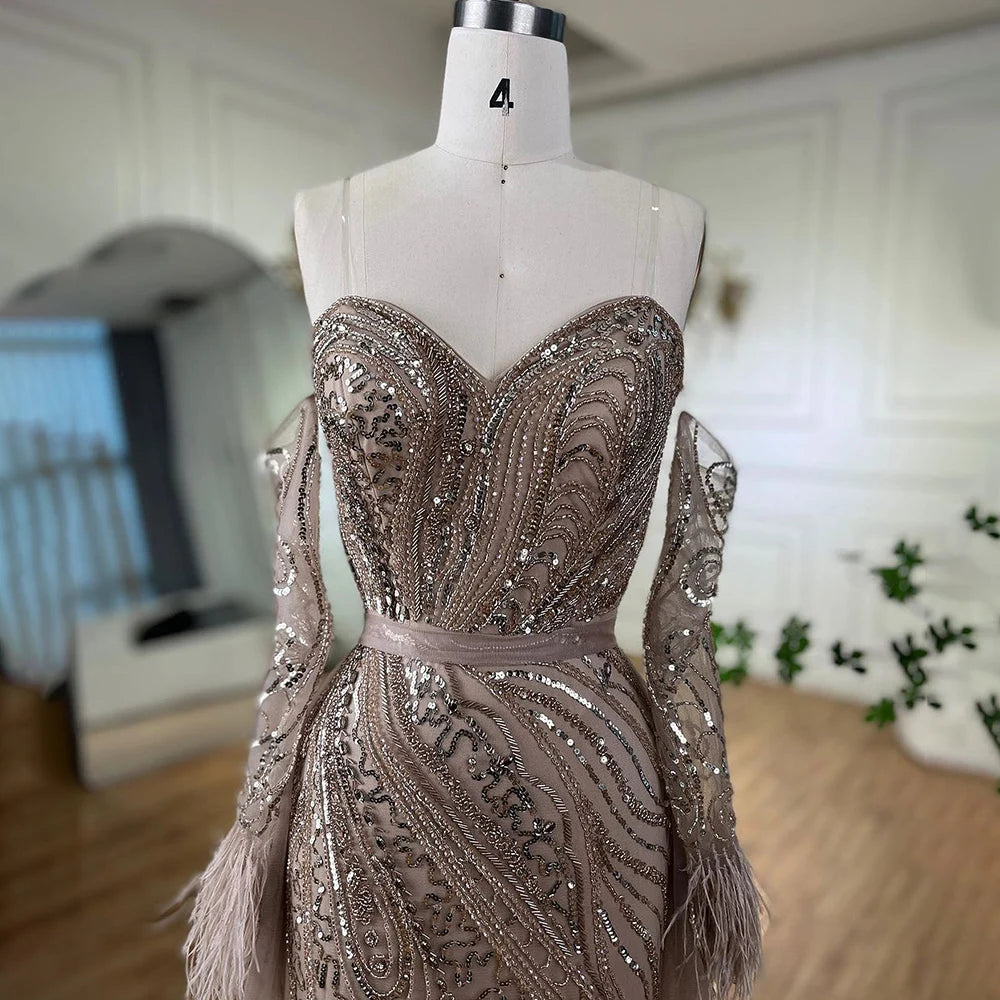 Luxury Arabic Nude Mermaid High Split Feather Beaded Evening Dress LA71910 - SERENE HILL