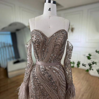 Luxury Arabic Nude Mermaid High Split Feather Beaded Evening Dress LA71910 - SERENE HILL