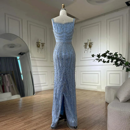 Luxury Arabic Blue Spaghetti Strap Mermaid Evening Dress Beaded LA72725 - SERENE HILL