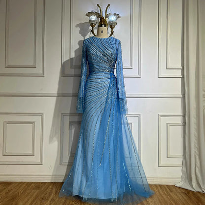 Luxury Dubai Arabic Elegant Blue Beaded Saudi Evening Dresses Gowns for Formal Occasion LA72822 - SERENE HILL