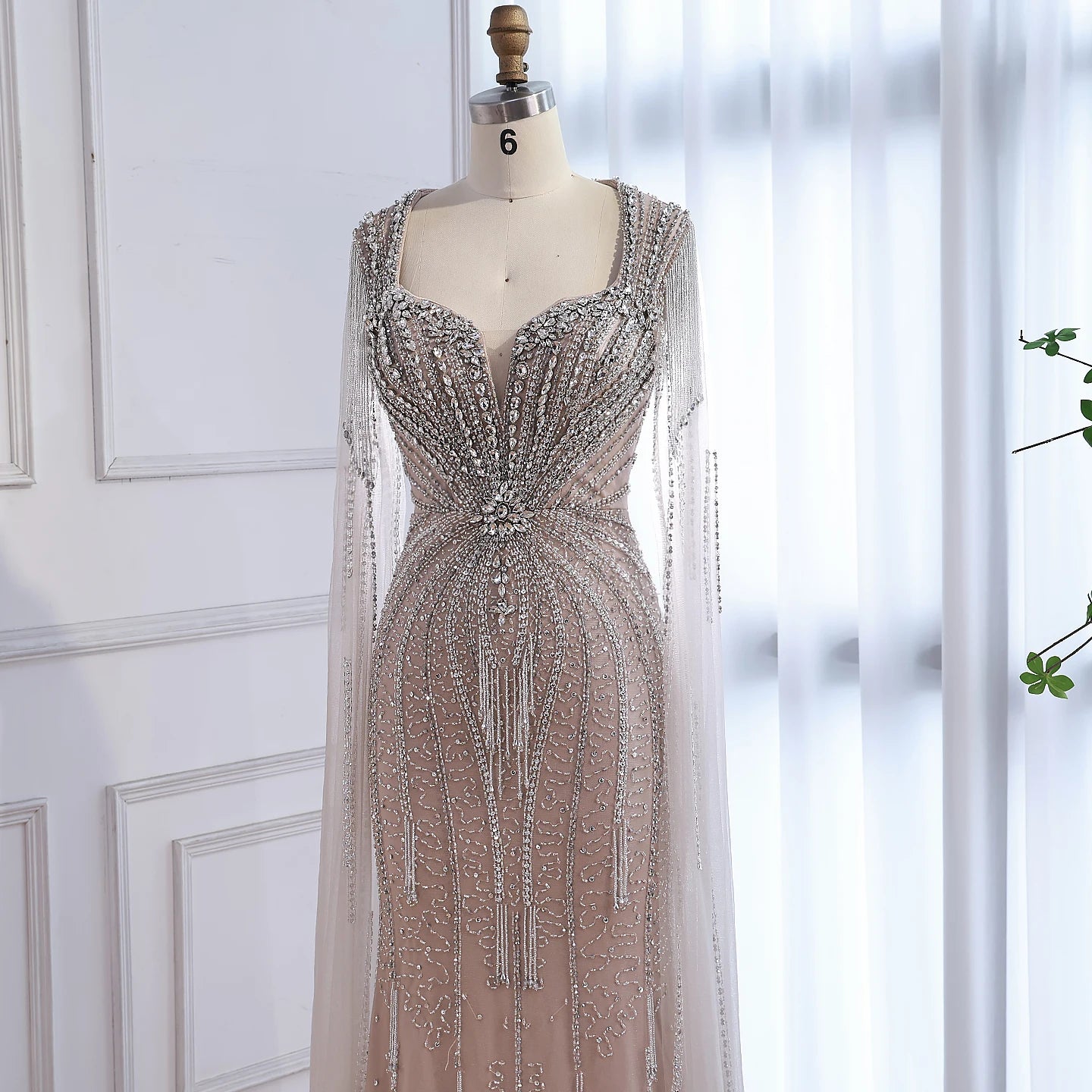 Luxury Caramel Beaded Evening Dress With Cape LA72992A - SERENE HILL