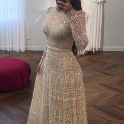 Luxury Nude A-Line Pearls Beaded Evening Dress LA73174 - SERENE HILL