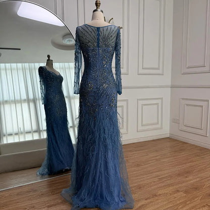 Arabic Blue Feather Beaded Mermaid Evening Dress for Women LA71818 - SERENE HILL