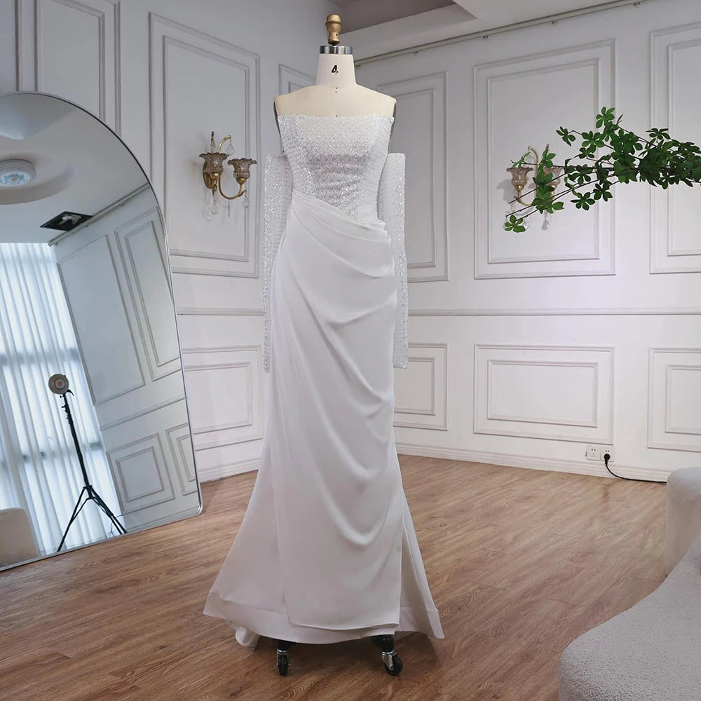 White Beaded Evening Dress with Detachable Sleeves LA72293A - SERENE HILL