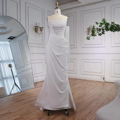 White Beaded Evening Dress with Detachable Sleeves LA72293A - SERENE HILL