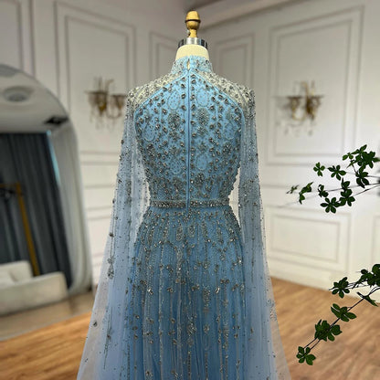 Luxury Blue Beaded A-Line Evening Gown with Cape Sleeves LA71803G - SERENE HILL