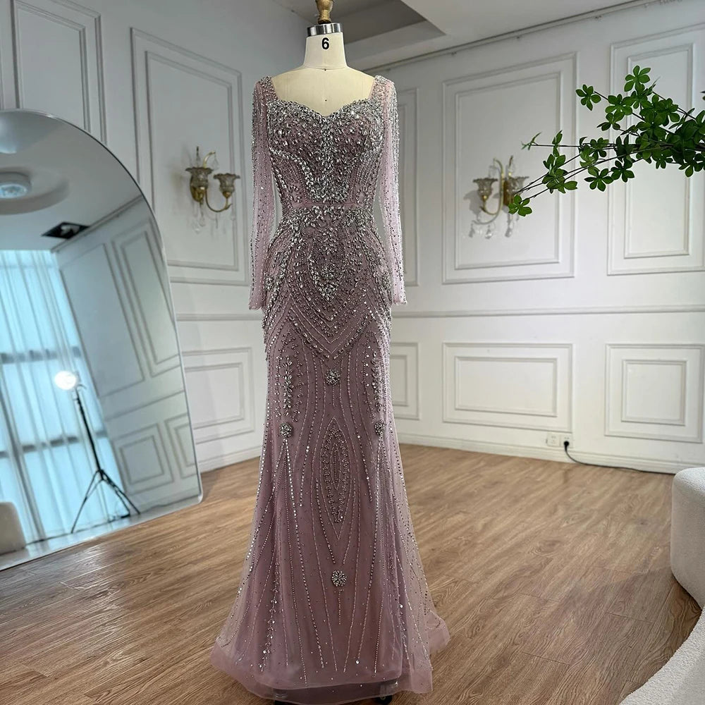 Luxury Nude Beaded Mermaid Evening Dress with Overskirt LA73190 - SERENE HILL