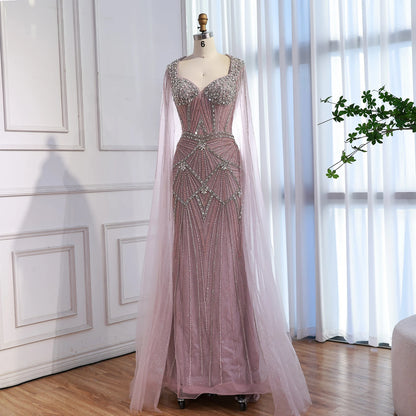 Luxury Dubai Pink Beaded Evening Dress With Cape LA73329 - SERENE HILL