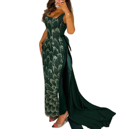 Luxury Evening Dress Emerald Green Bow Sheath Straight With Train LA73380 - SERENE HILL