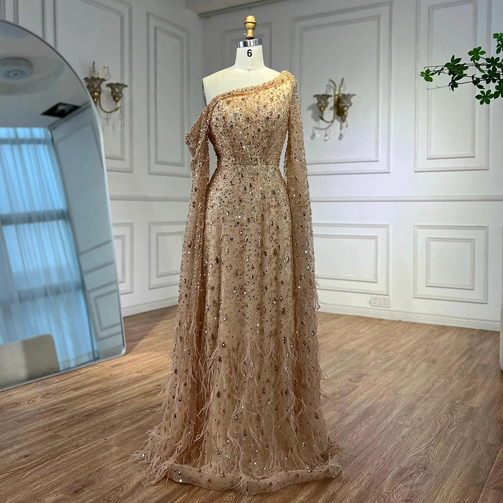 Luxury Feather One Shoulder Evening Dress with Cape Sleeves LA72763 - SERENE HILL