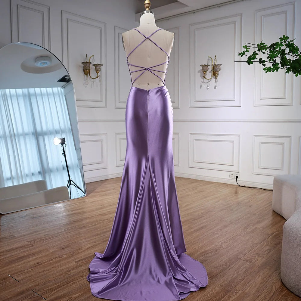 Luxury Purple Satin Prom Dress with Slit and Lace Appliques LA73040 SERENE HILL Luxury Purple Satin Prom Dress with Slit and Lace Appliques LA73040 SERENE HILL