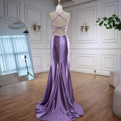 Luxury Purple Satin Prom Dress with Slit and Lace Appliques LA73040 - SERENE HILL