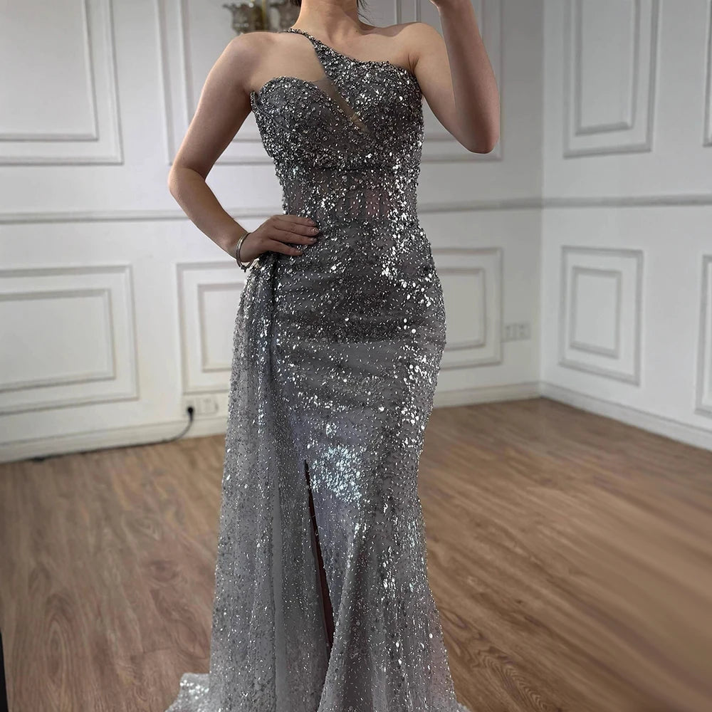 Luxury Silver Gray Crystal Beaded One Shoulder Evening Dress with Overskirt LA73160 - SERENE HILL