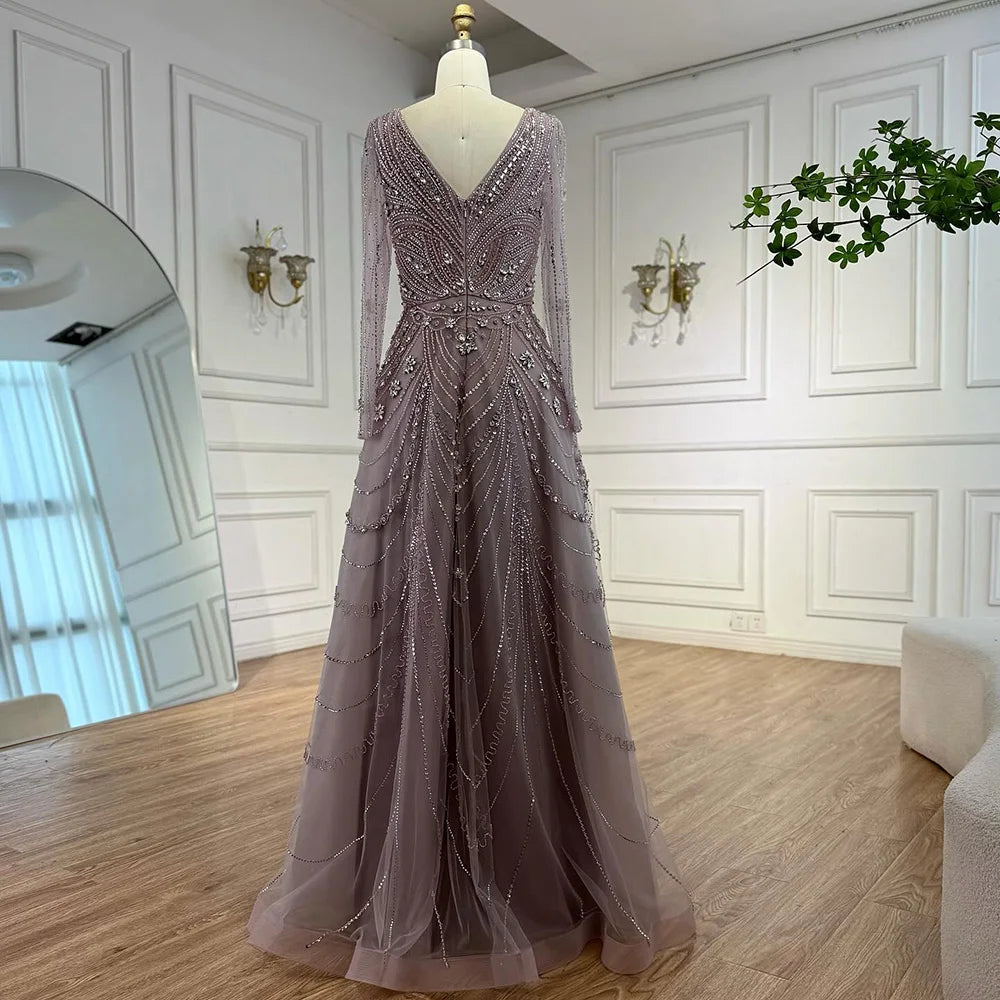 Luxury Pink Beaded A-Line Evening Dress with V Neck &amp; Long Sleeves LA73114 - SERENE HILL