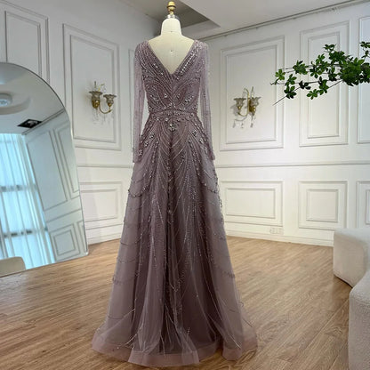 Luxury Pink Beaded A-Line Evening Dress with V Neck &amp; Long Sleeves LA73114 - SERENE HILL
