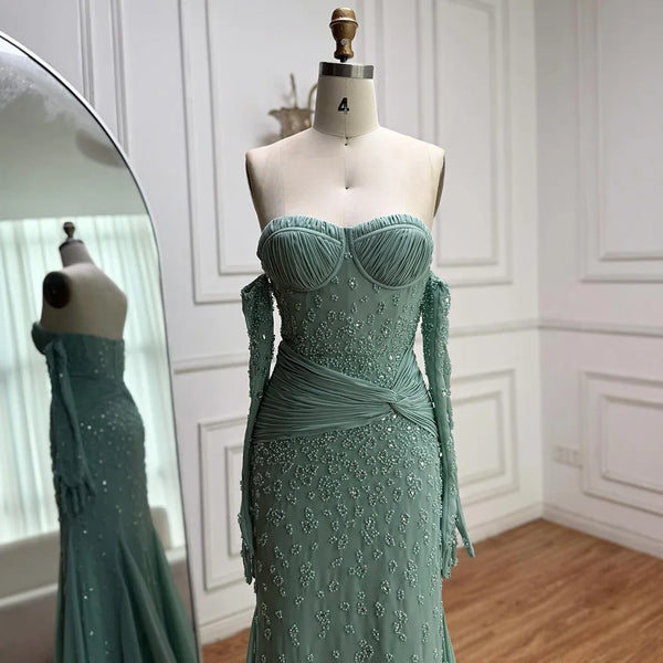 Luxury Turquoise Strapless Beaded Evening Dress with Gloves LA72933