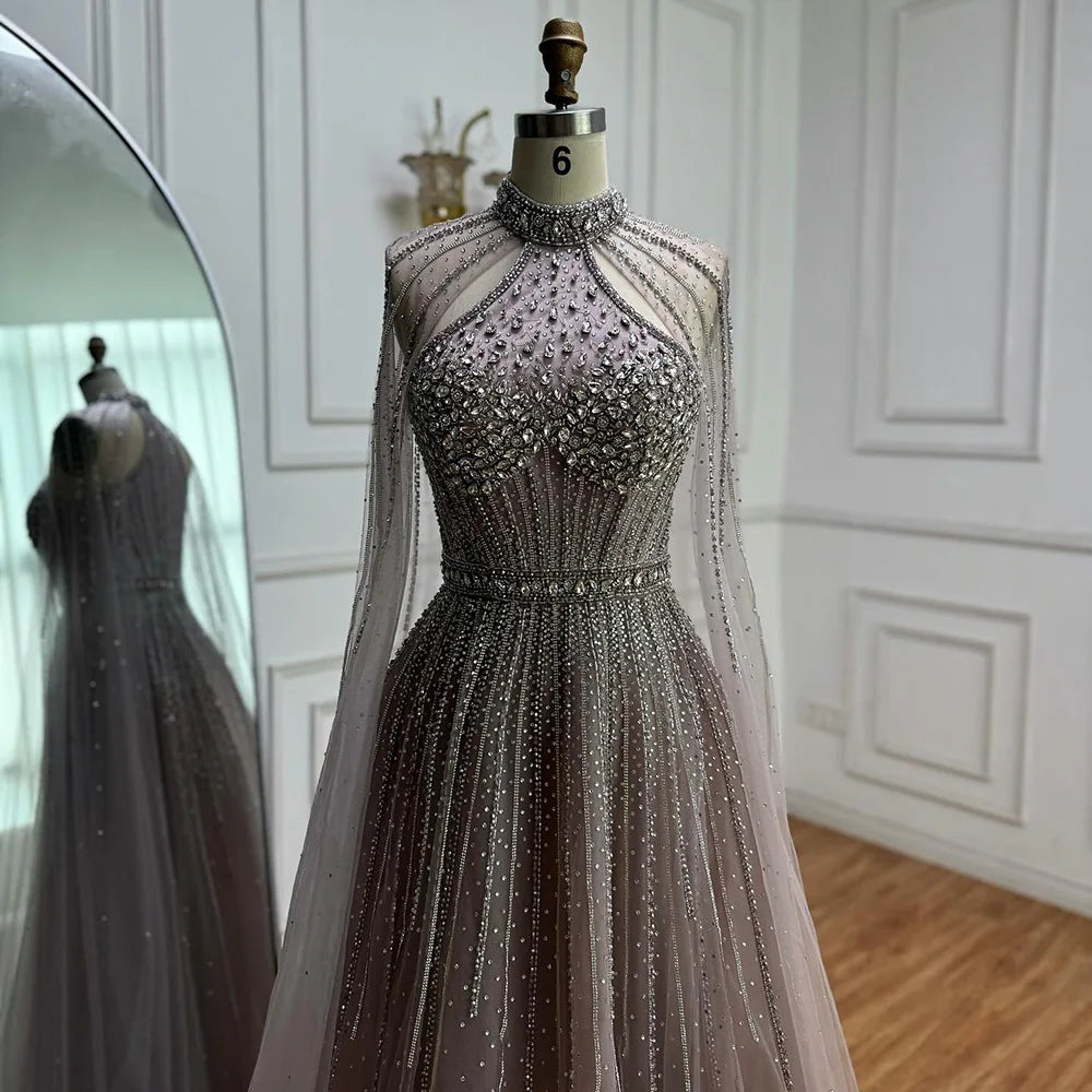Luxury Beaded A-Line Evening Dress with Cape Sleeves LA73054 - SERENE HILL
