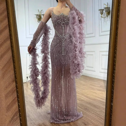 Luxury Caramel Beaded Evening Dress with Feather Sleeves LA73055 - SERENE HILL