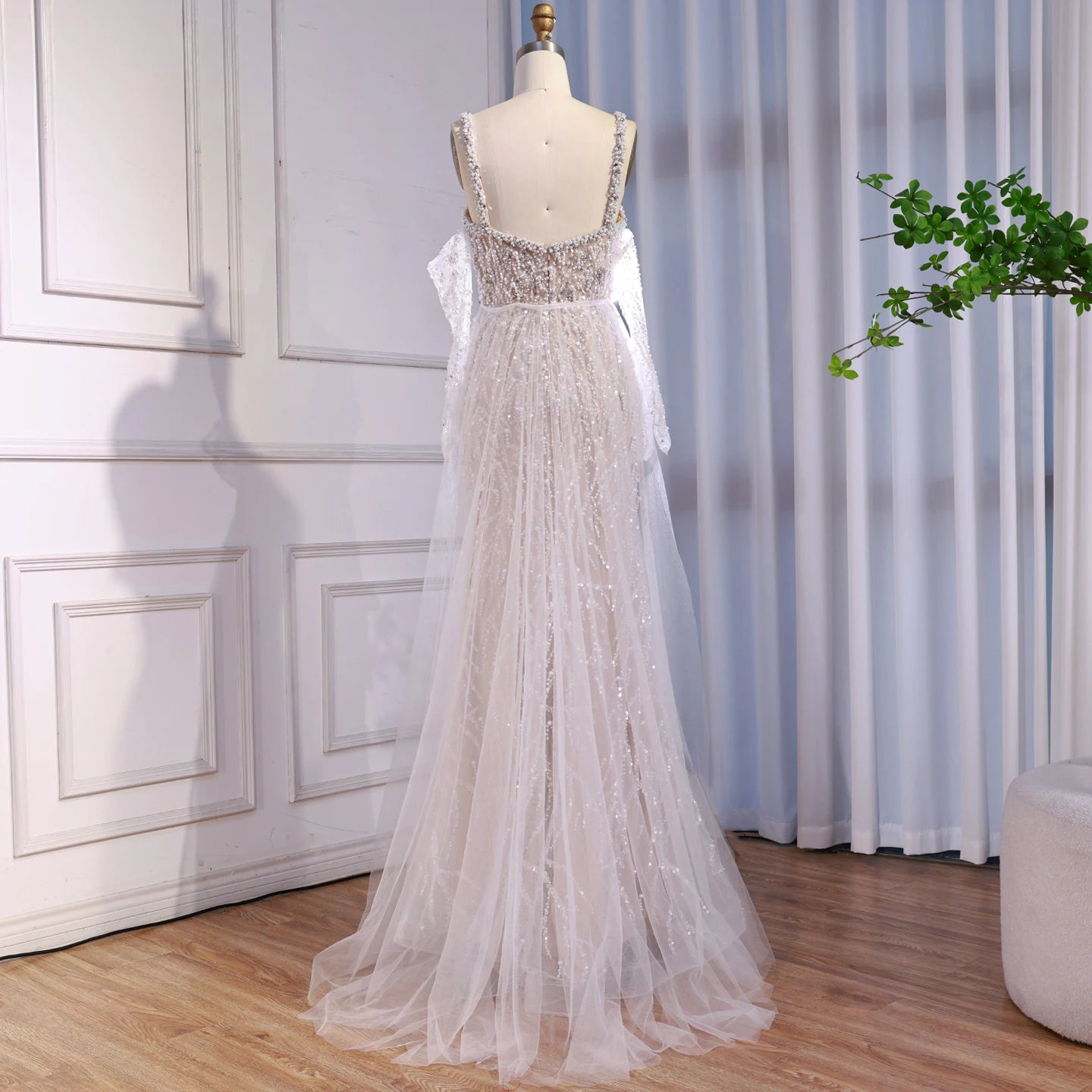 Luxury Lace Pearls Mermaid Evening Dress With Glove White Nude LA72345E Nude / 16 Luxury Lace Pearls Mermaid Evening Dress With Glove White Nude LA72345E Nude / 16