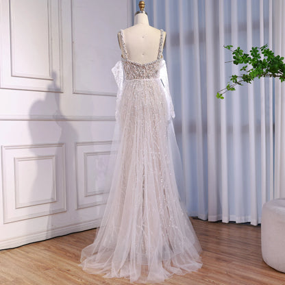 Luxury Lace Pearls Mermaid Evening Dress With Glove White Nude LA72345E - SERENE HILL