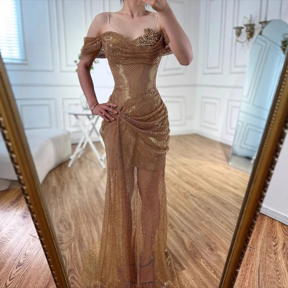 Elegant Nude Off Shoulder Beaded A-Line Evening Dress LA72807A - SERENE HILL