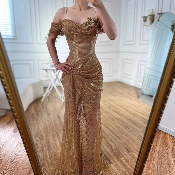 Elegant Nude Off Shoulder Beaded A-Line Evening Dress LA72807A