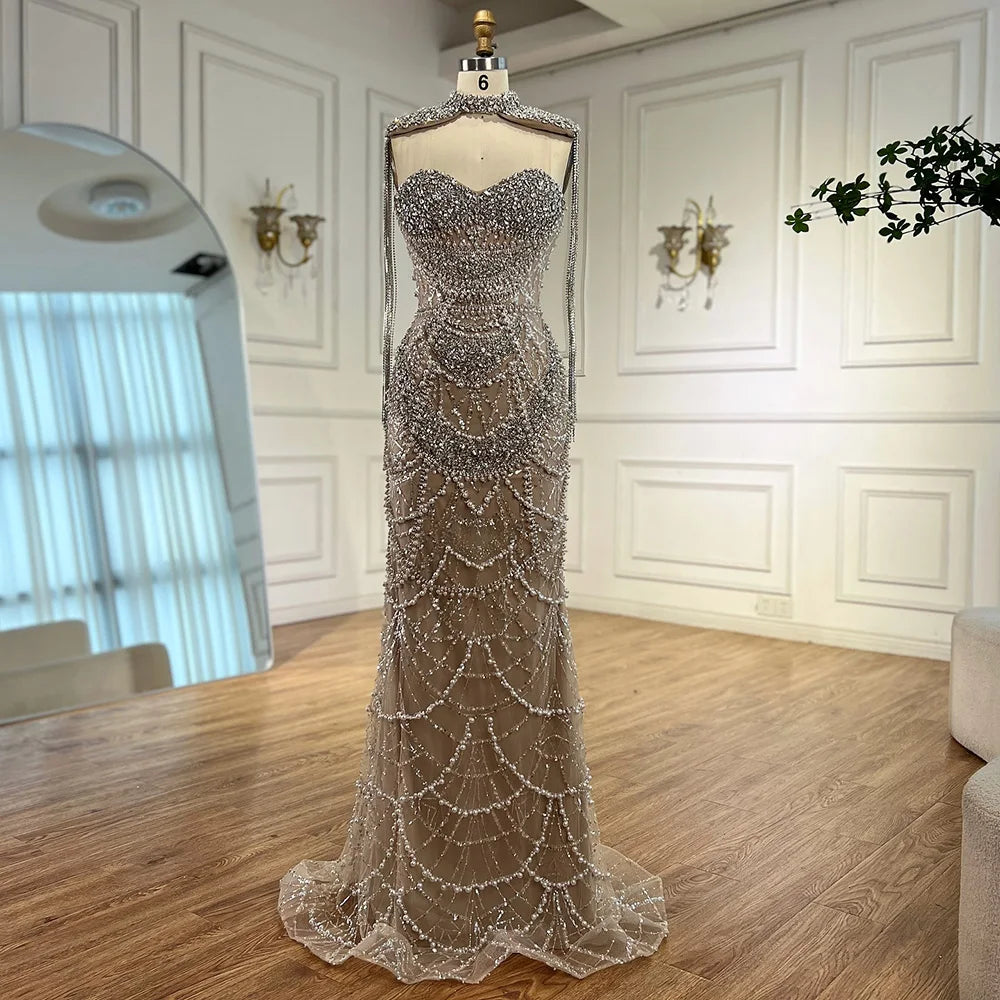 Luxury Dubai Nude Beaded Evening Dress with Tassel Short Cape LA72876 - SERENE HILL
