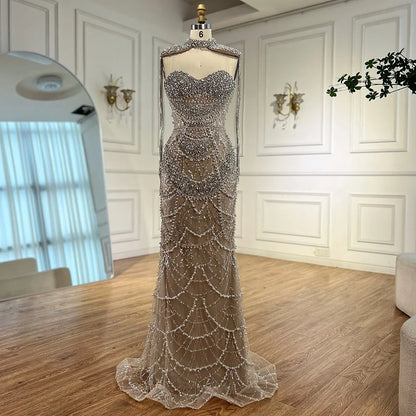Luxury Dubai Nude Beaded Evening Dress with Tassel Short Cape LA72876 - SERENE HILL