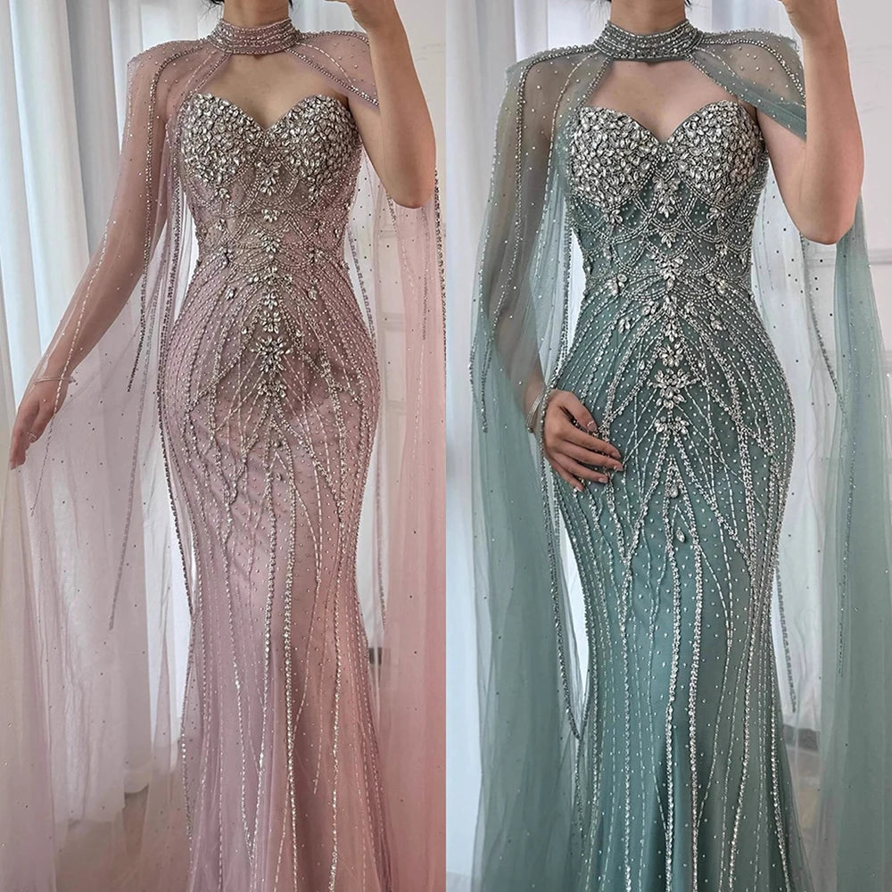 Luxury Turquoise Beaded Cape Sleeve Saudi Arabic Evening Dress LA73136A - SERENE HILL