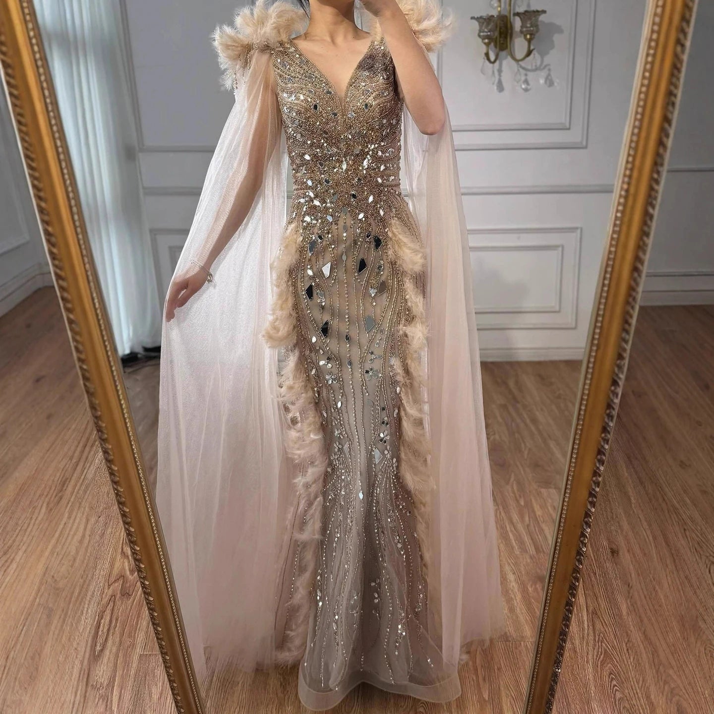 Luxury Caramel Feather Mirror Beaded Mermaid Evening Dress With Cape LA73328 - SERENE HILL