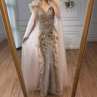 Luxury Caramel Feather Mirror Beaded Mermaid Evening Dress With Cape LA73328 - SERENE HILL