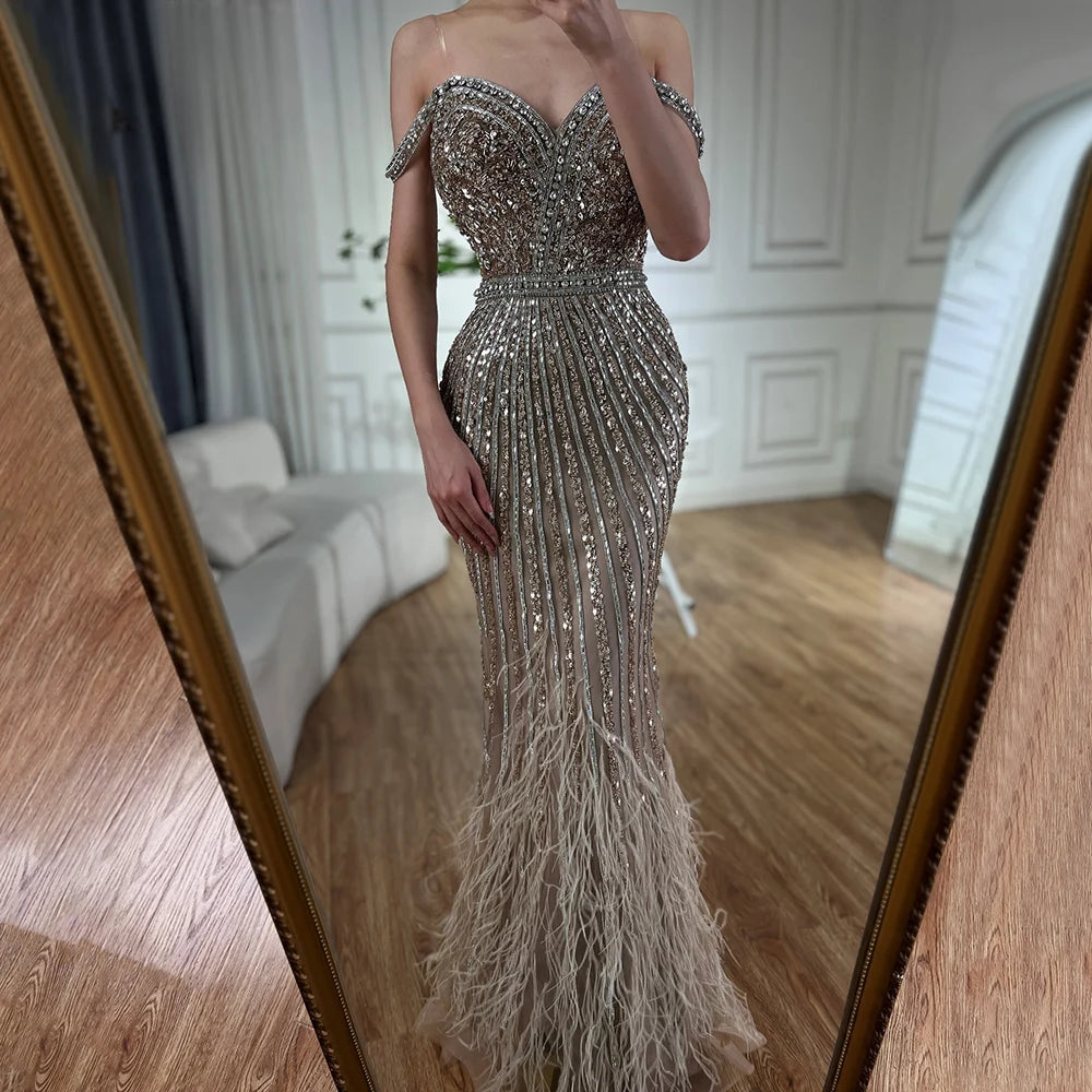 Luxury Dubai Caramel Spaghetti Strap Mermaid Gown Feathers Beaded Luxury Saudi Evening Dress for Formal Occasion LA72715 - SERENE HILL