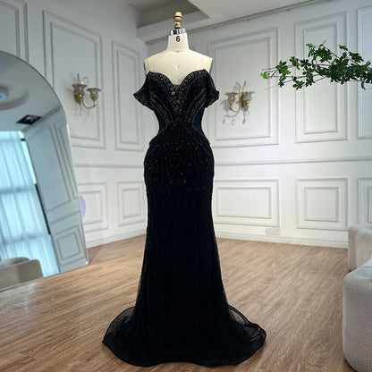 Saudi Arabic Off Shoulder Nude Beaded Tulle Mermaid Evening Gown LA72854 - SERENE HILL