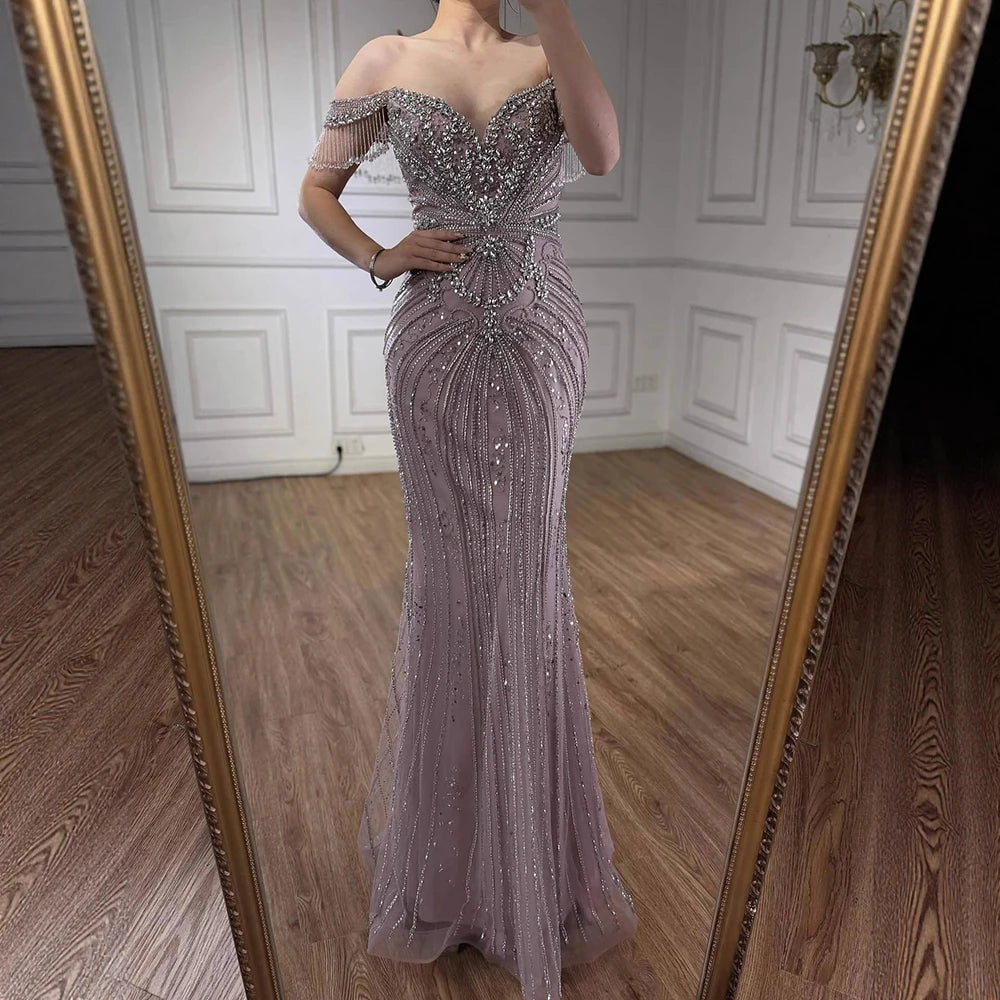 Luxury Pink Crystal Tassel Off Shoulder Evening Dress Dubai LA73204 - SERENE HILL