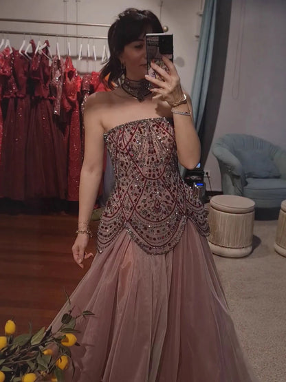 Luxury Wine Red Arabic Beaded A-Line Evening Dress LA73377 - SERENE HILL