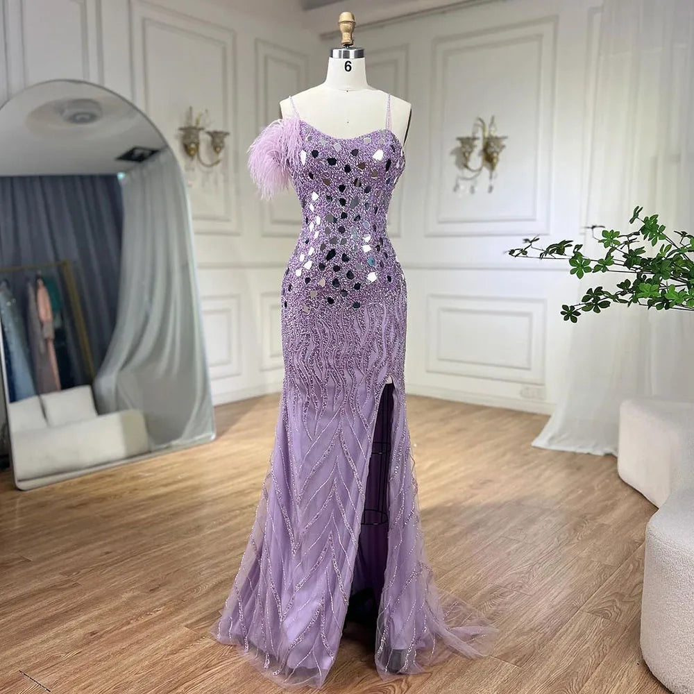 Luxury Beaded Feather Mermaid Lilac Evening Dres LA72212A - SERENE  HILL